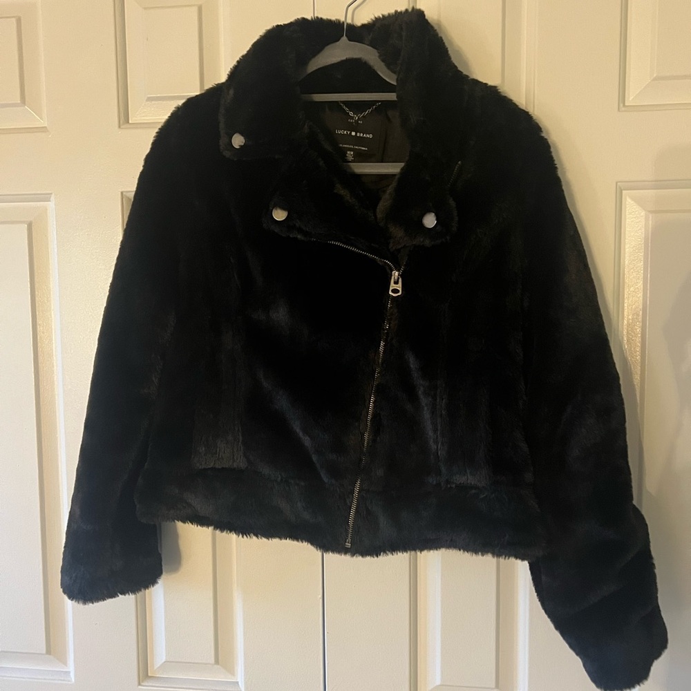 Lucky Brand faux fur black moto jacket. Size M - Picture 2 of 7
